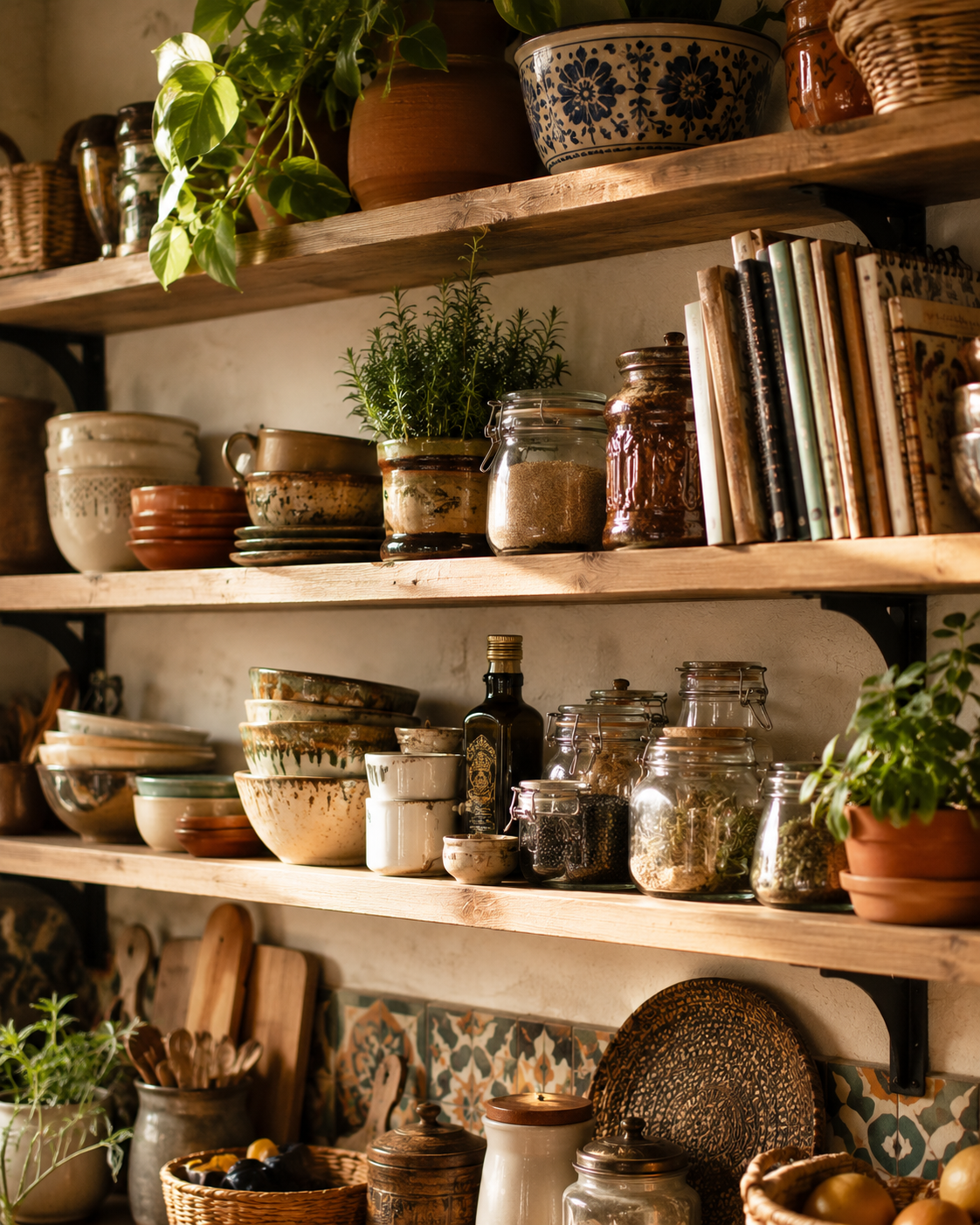 Disorganized kitchen shelves 