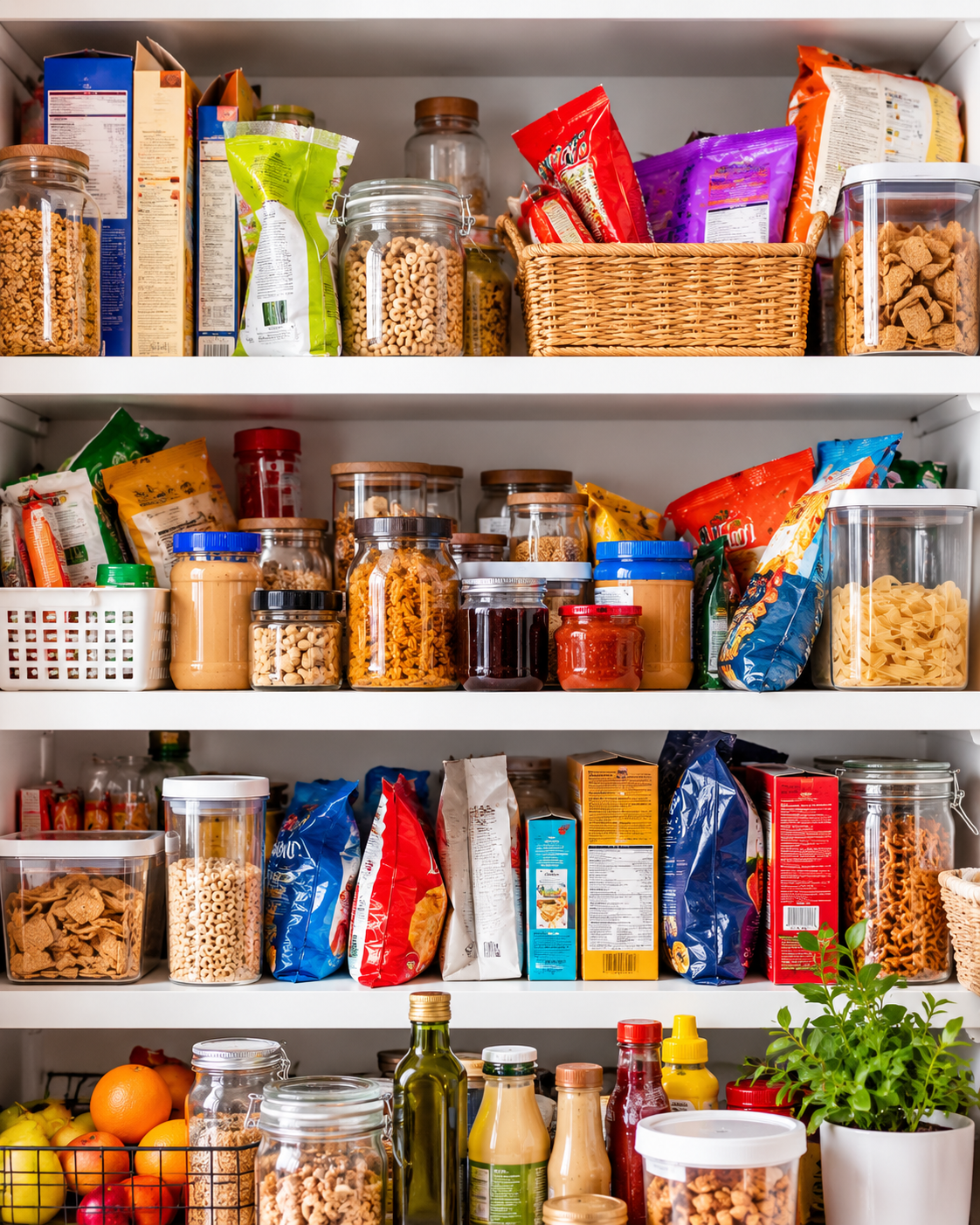 Cluttered kitchen shelves