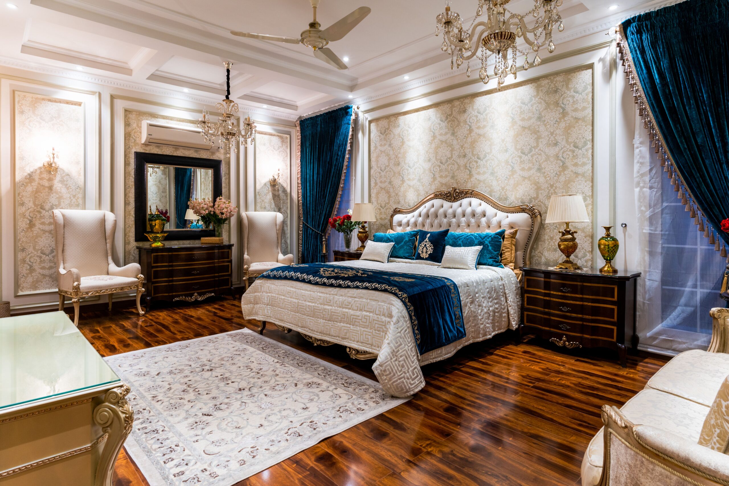 Luxury Classic Bedroom Interior Design with Blue Accents