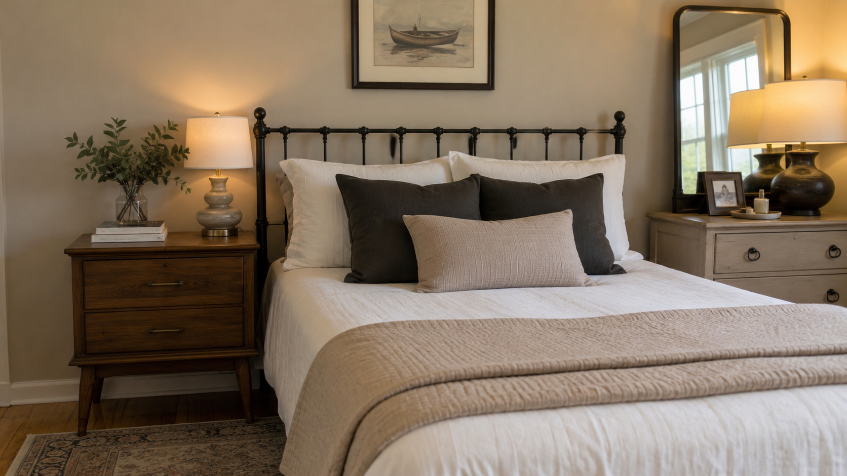 Bedroom with coordinated furniture, matching decor, and warm lighting creating a cohesive look.