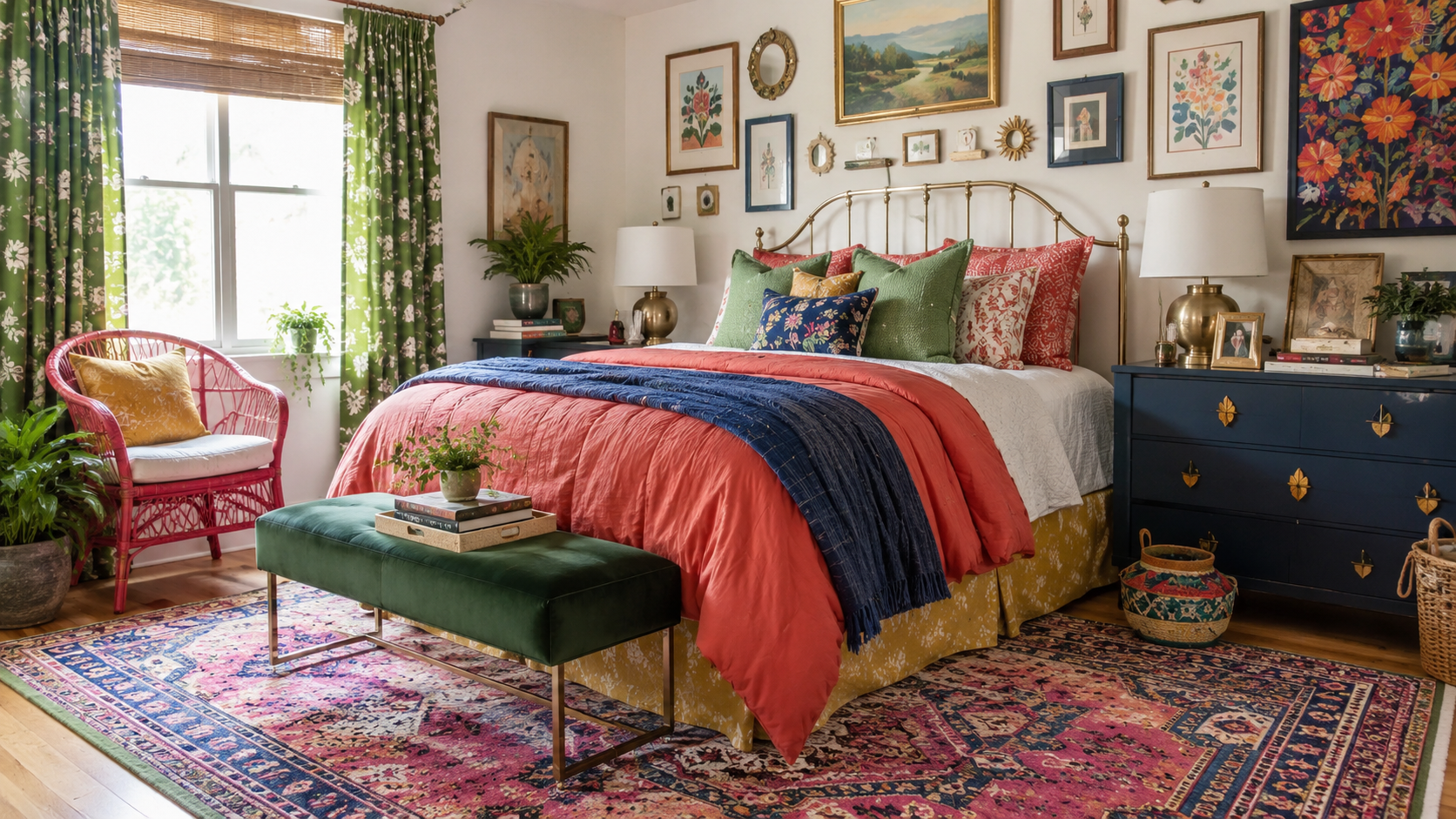 Bedroom with coordinated colors and soft decor creating a calm and visually balanced space.