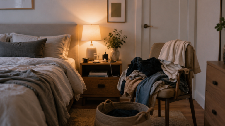 Cozy bedroom with clothes on a chair and subtle visual clutter.