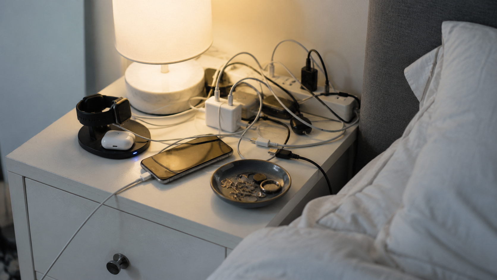 Bedroom nightstand with tangled charging cables, phone, and tech accessories creating visual clutter.