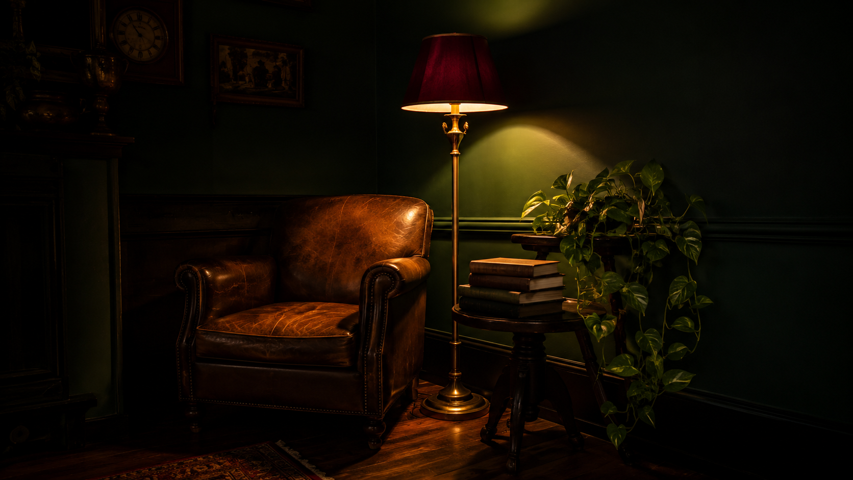 Cozy living room at evening with overhead light off and two warm lamps glowing creating intimate golden ambiance